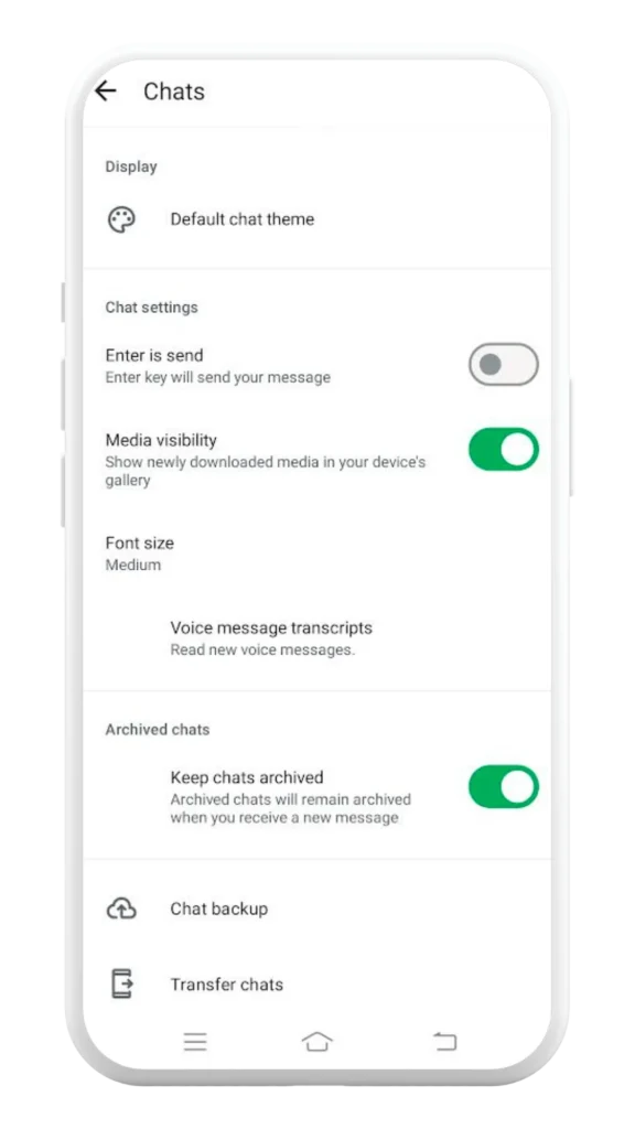Chats settings (media visibility, archived chats, etc.)